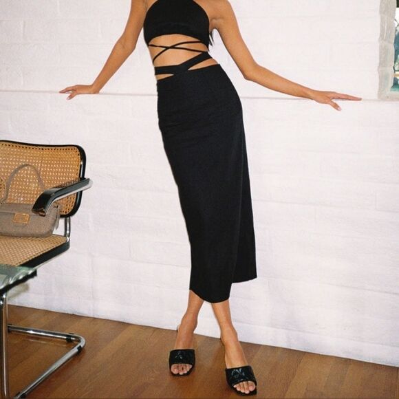 Princess Polly Black Mariah Cotton Linen‎ Cutout Midi Sheath Skirt 4US - Picture 1 of 9